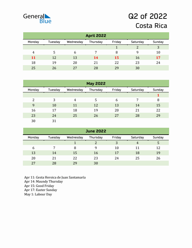 Quarterly Calendar 2022 with Costa Rica Holidays