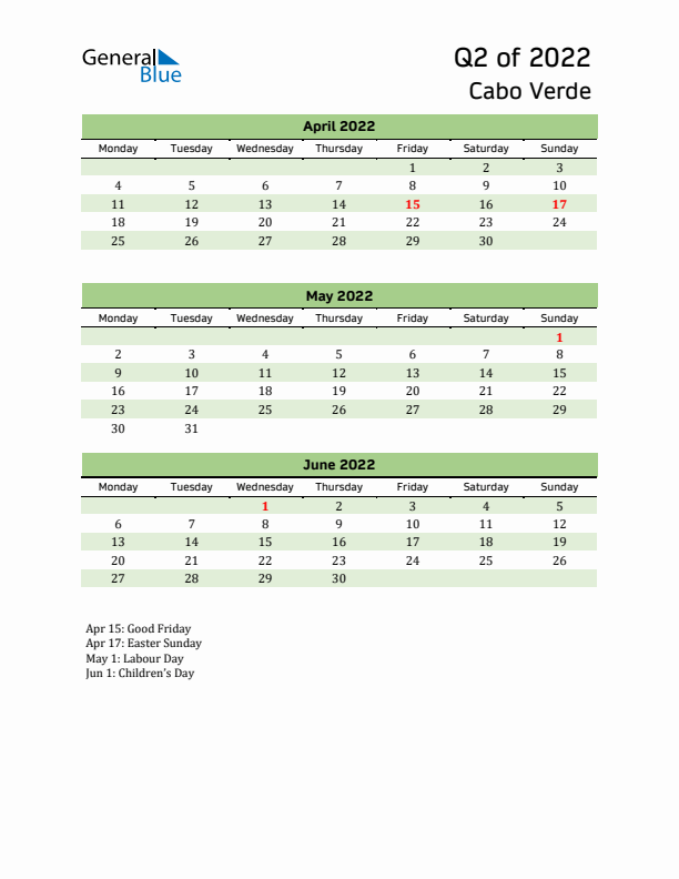 Quarterly Calendar 2022 with Cabo Verde Holidays