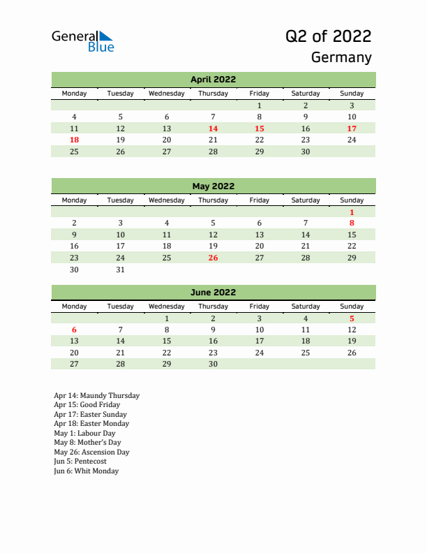 Quarterly Calendar 2022 with Germany Holidays