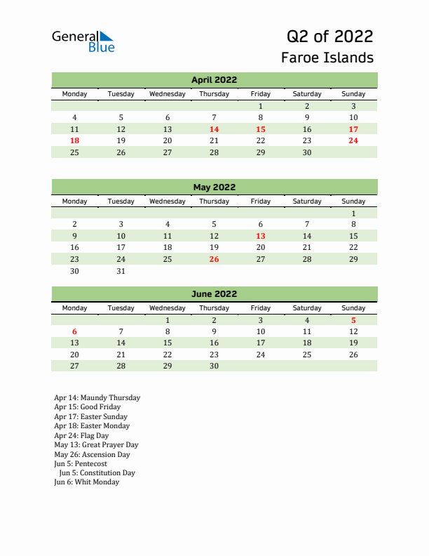 Quarterly Calendar 2022 with Faroe Islands Holidays