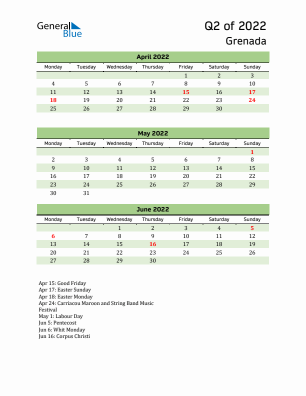 Quarterly Calendar 2022 with Grenada Holidays