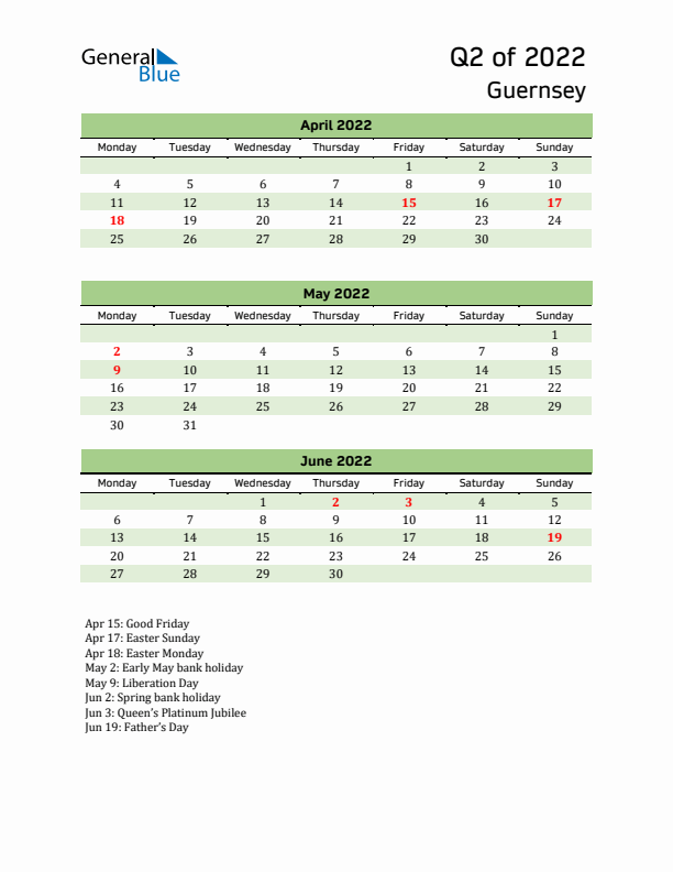 Quarterly Calendar 2022 with Guernsey Holidays