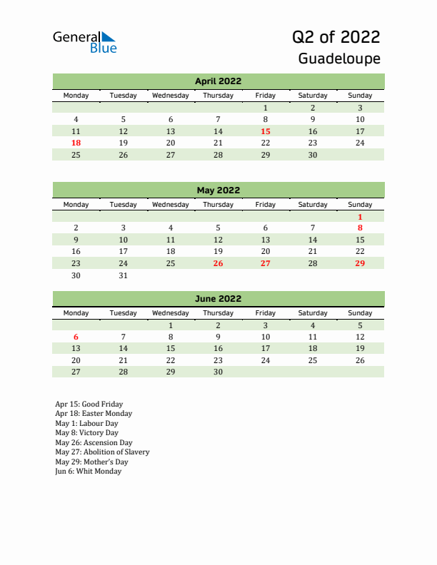 Quarterly Calendar 2022 with Guadeloupe Holidays