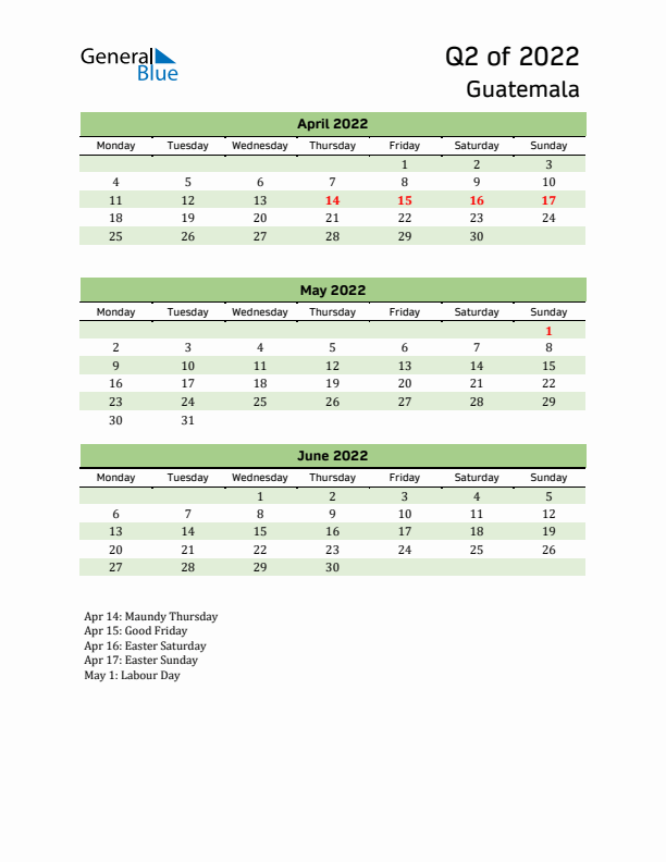 Quarterly Calendar 2022 with Guatemala Holidays