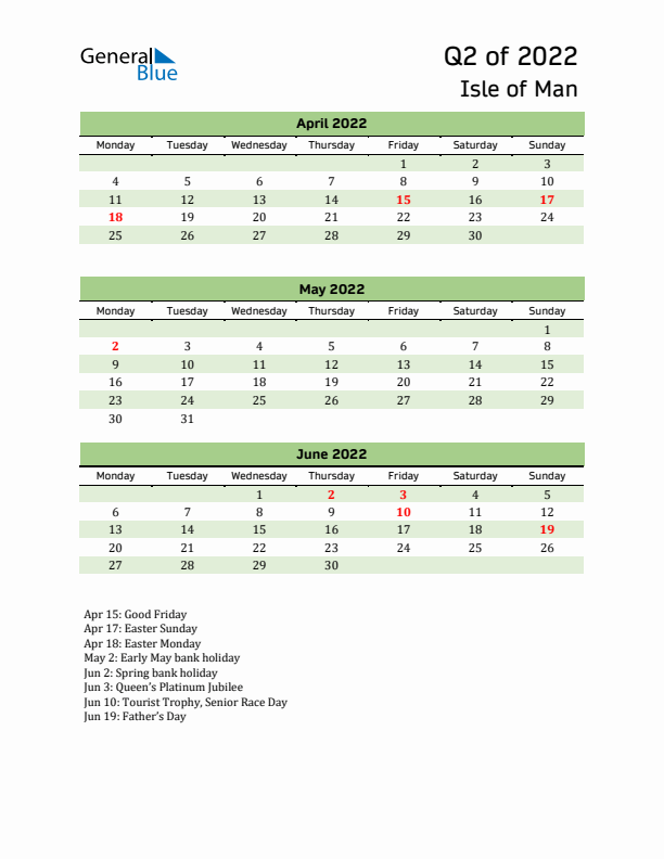 Quarterly Calendar 2022 with Isle of Man Holidays