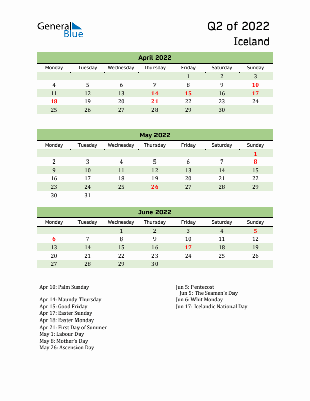 Quarterly Calendar 2022 with Iceland Holidays