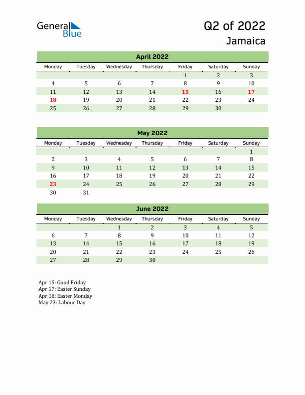 Quarterly Calendar 2022 with Jamaica Holidays