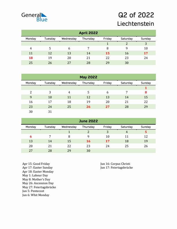 Quarterly Calendar 2022 with Liechtenstein Holidays