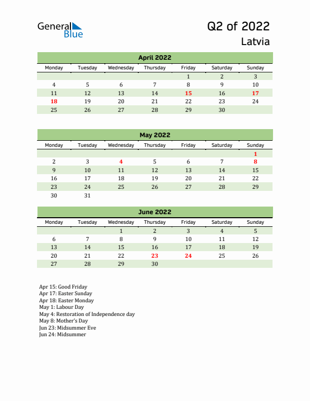 Quarterly Calendar 2022 with Latvia Holidays