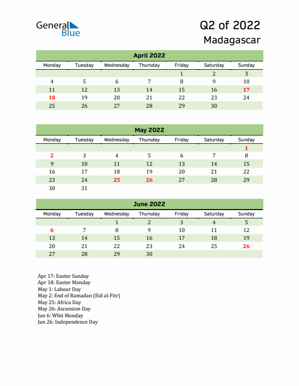 Quarterly Calendar 2022 with Madagascar Holidays