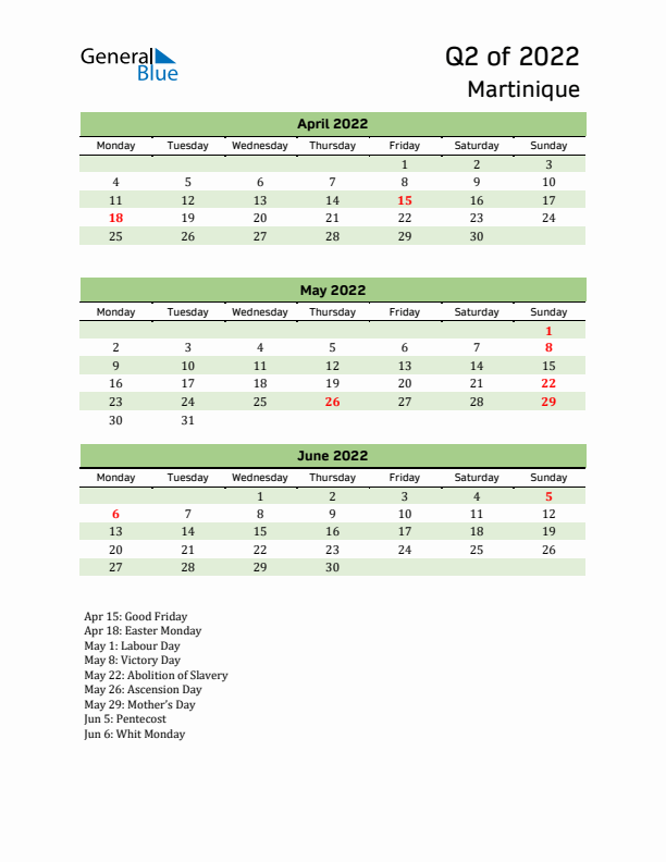 Quarterly Calendar 2022 with Martinique Holidays