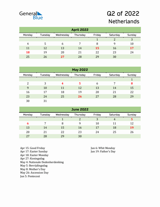 Quarterly Calendar 2022 with The Netherlands Holidays