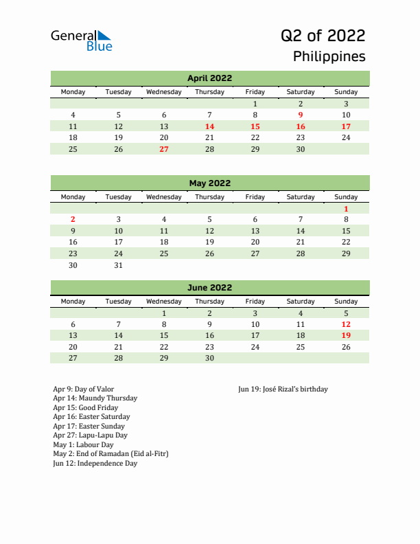 Quarterly Calendar 2022 with Philippines Holidays