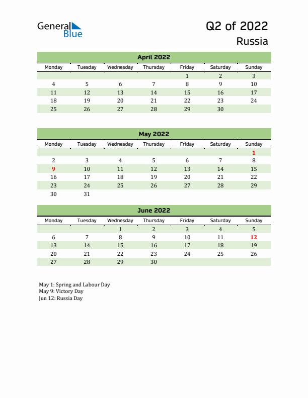 Quarterly Calendar 2022 with Russia Holidays