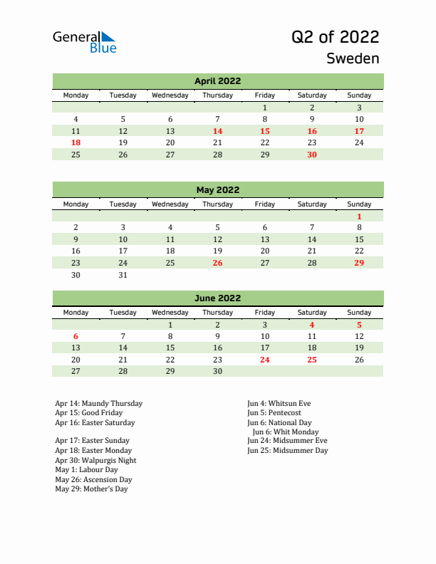 Quarterly Calendar 2022 with Sweden Holidays