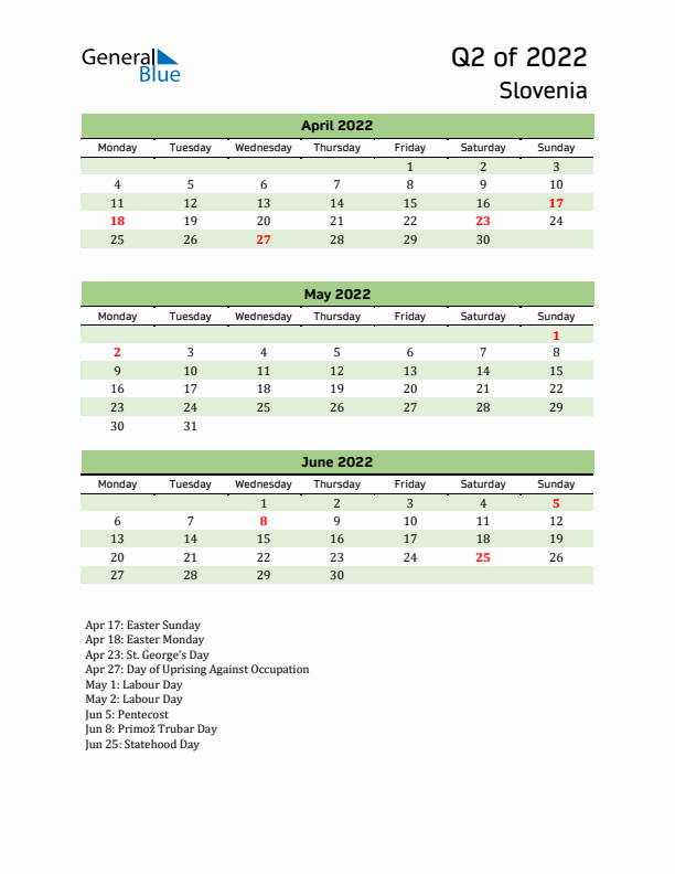 Quarterly Calendar 2022 with Slovenia Holidays