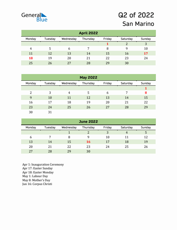 Quarterly Calendar 2022 with San Marino Holidays