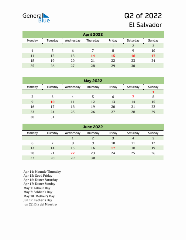 Quarterly Calendar 2022 with El Salvador Holidays