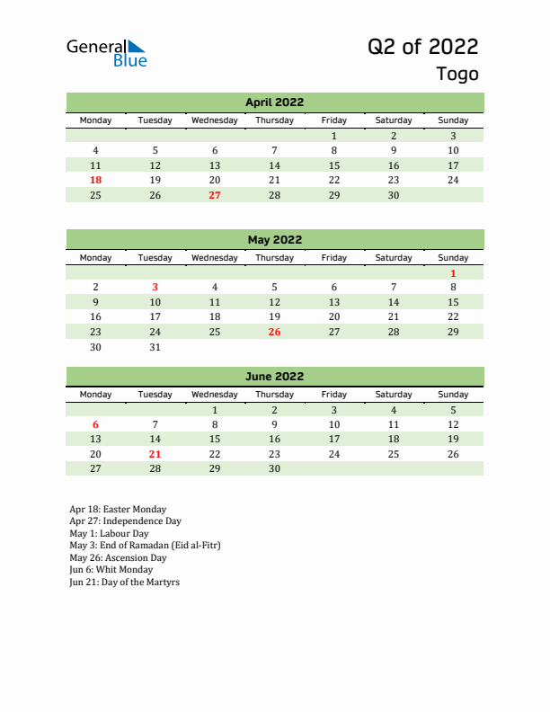 Quarterly Calendar 2022 with Togo Holidays