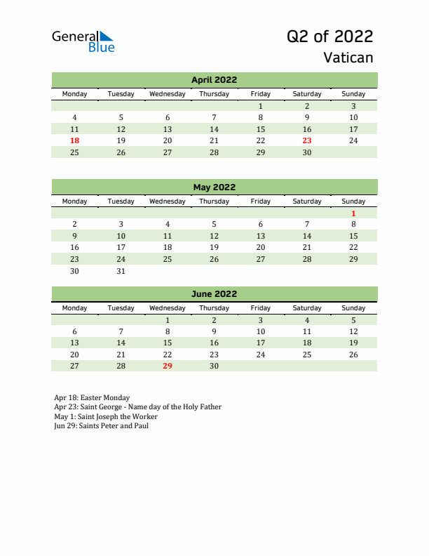 Quarterly Calendar 2022 with Vatican Holidays