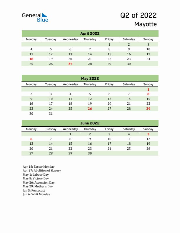 Quarterly Calendar 2022 with Mayotte Holidays