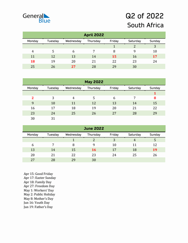 Quarterly Calendar 2022 with South Africa Holidays