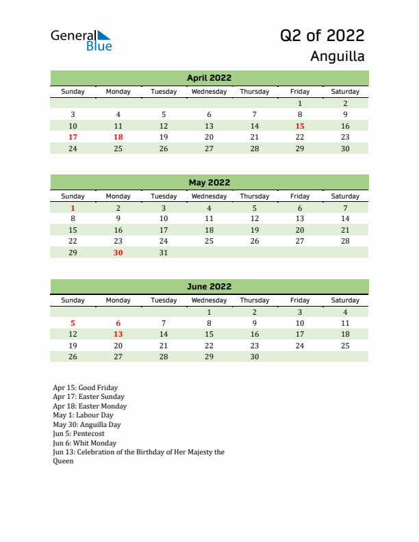 Quarterly Calendar 2022 with Anguilla Holidays