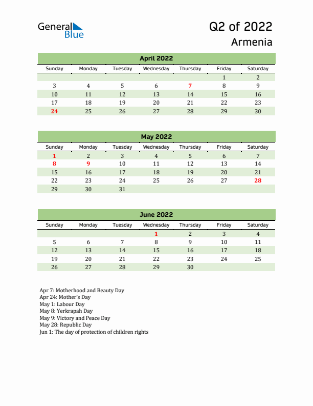 Quarterly Calendar 2022 with Armenia Holidays