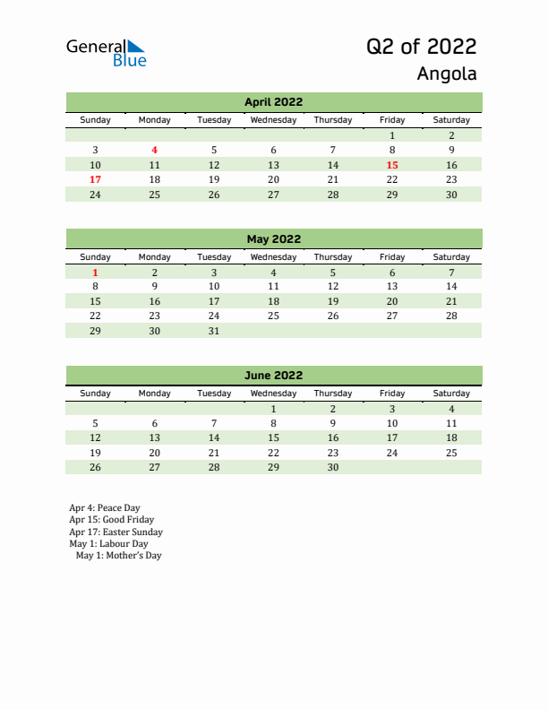 Quarterly Calendar 2022 with Angola Holidays