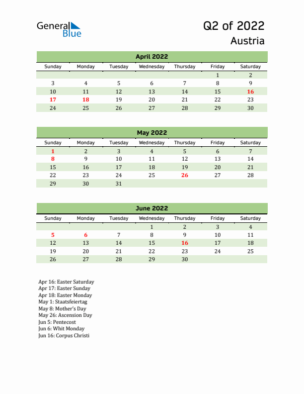 Quarterly Calendar 2022 with Austria Holidays