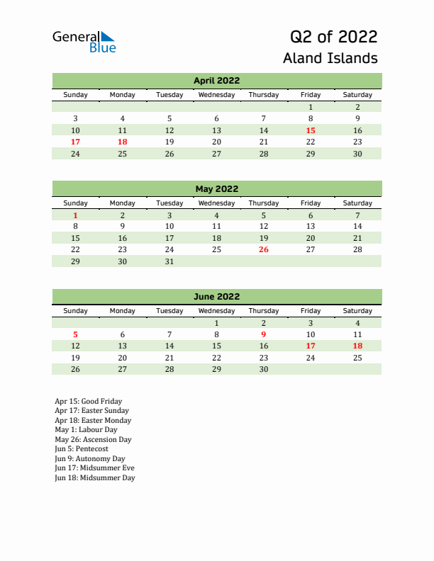 Quarterly Calendar 2022 with Aland Islands Holidays