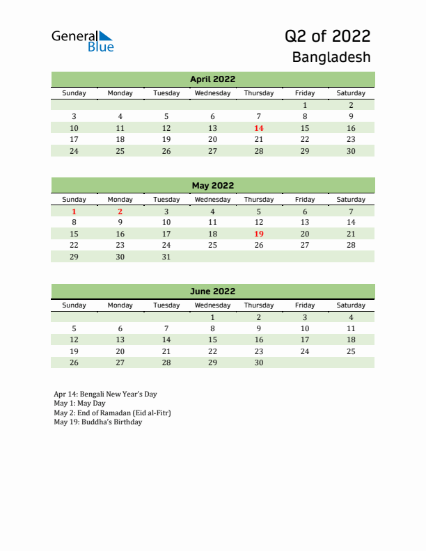 Quarterly Calendar 2022 with Bangladesh Holidays