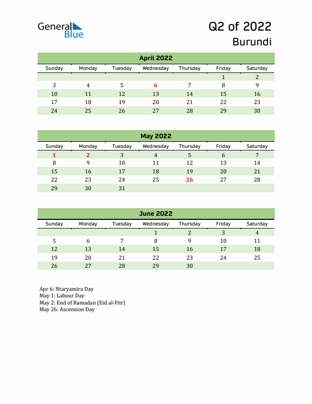 Quarterly Calendar 2022 with Burundi Holidays