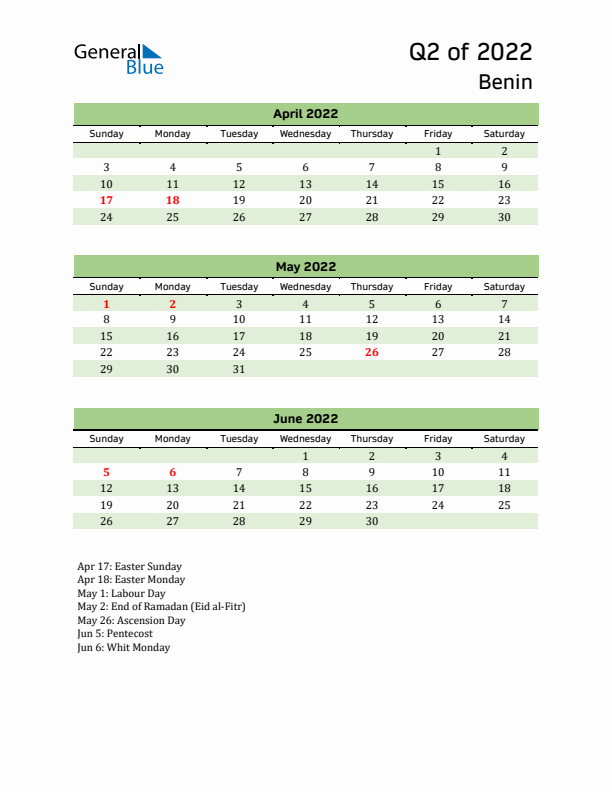 Quarterly Calendar 2022 with Benin Holidays