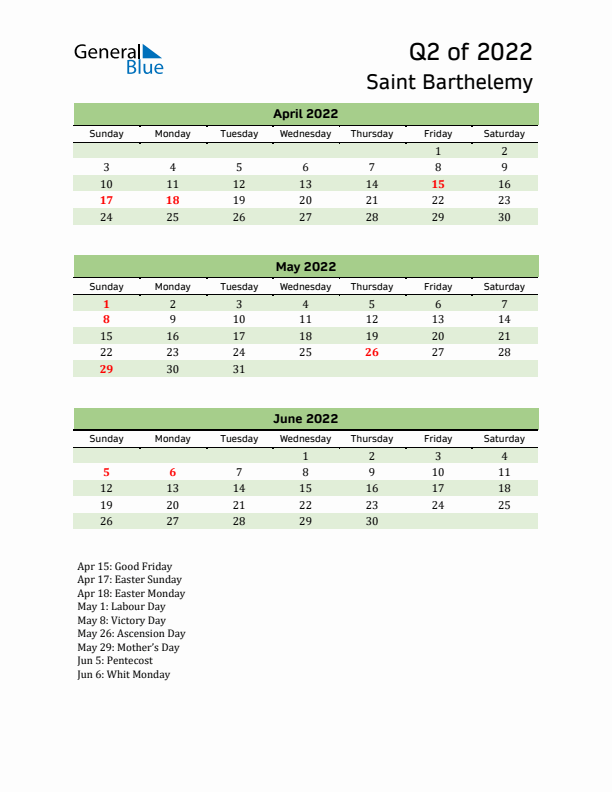 Quarterly Calendar 2022 with Saint Barthelemy Holidays