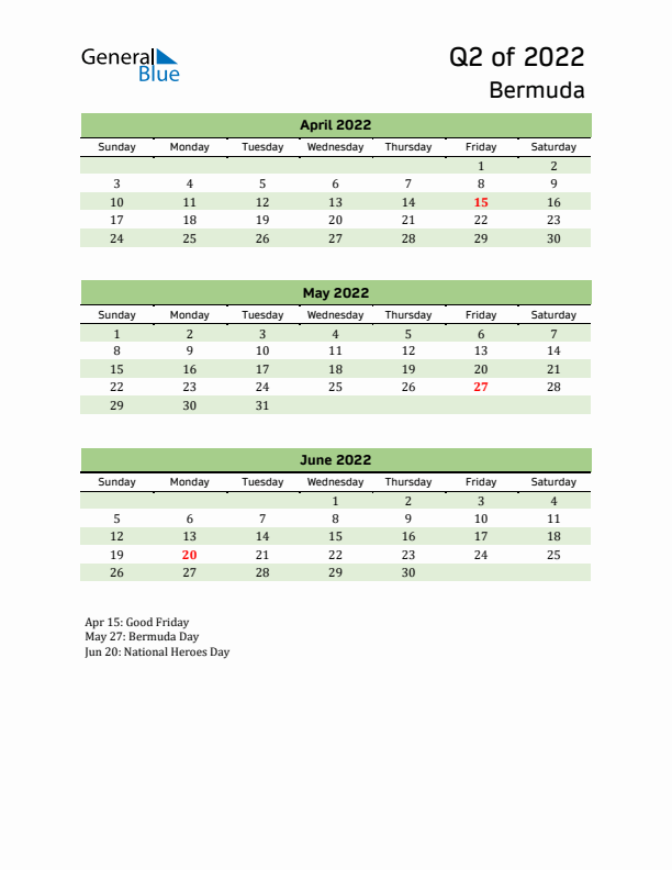 Quarterly Calendar 2022 with Bermuda Holidays