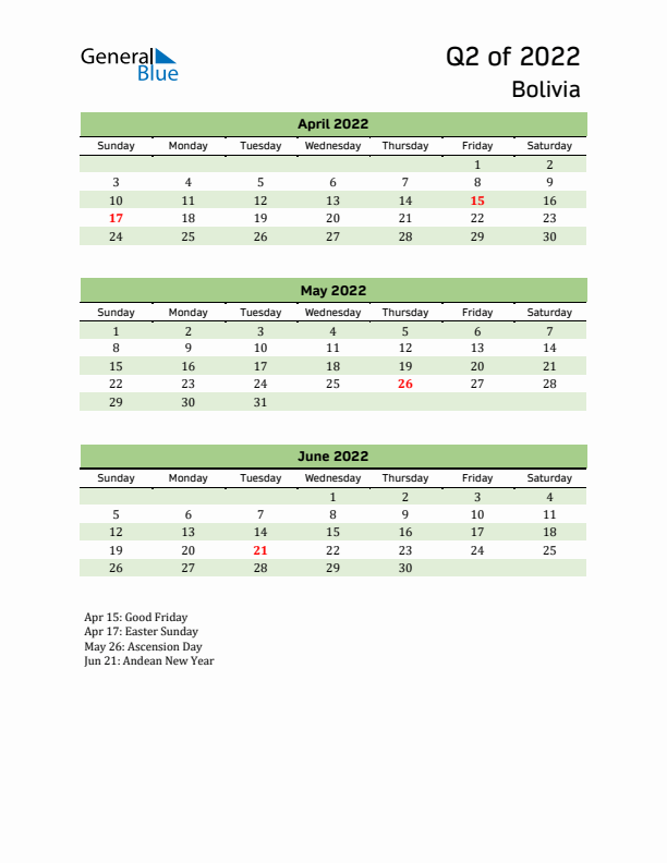 Quarterly Calendar 2022 with Bolivia Holidays