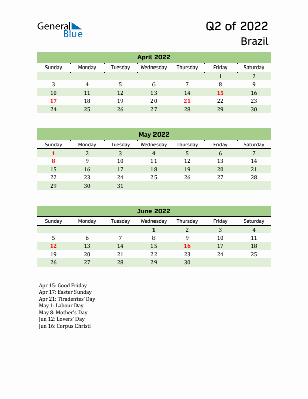 Quarterly Calendar 2022 with Brazil Holidays