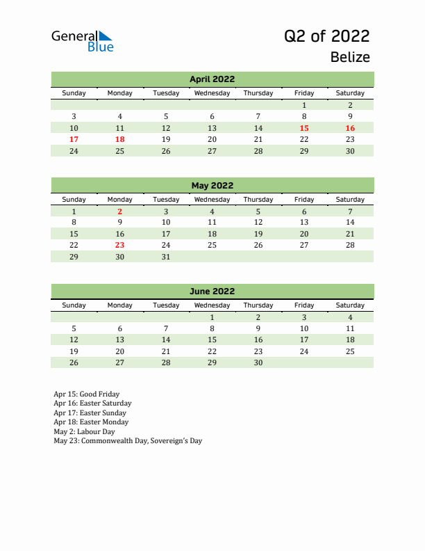 Quarterly Calendar 2022 with Belize Holidays