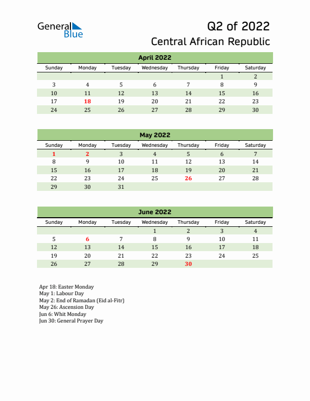 Quarterly Calendar 2022 with Central African Republic Holidays