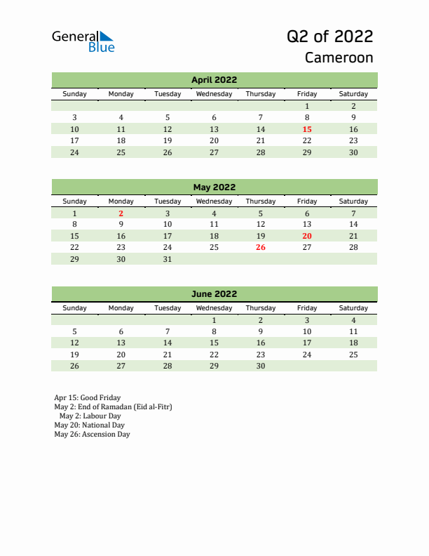 Quarterly Calendar 2022 with Cameroon Holidays