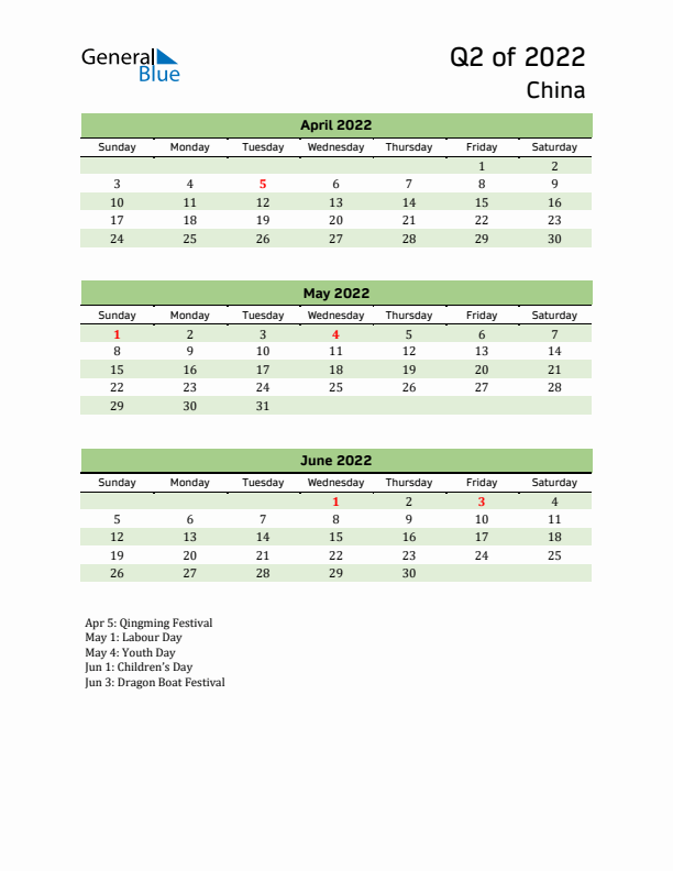 Quarterly Calendar 2022 with China Holidays