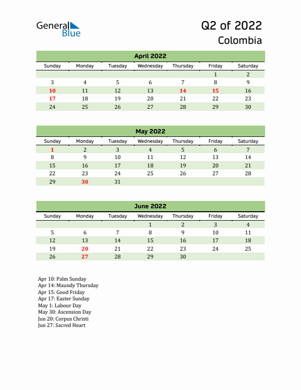 Quarterly Calendar 2022 with Colombia Holidays