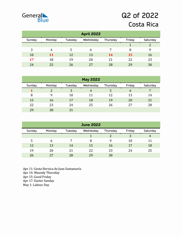 Quarterly Calendar 2022 with Costa Rica Holidays