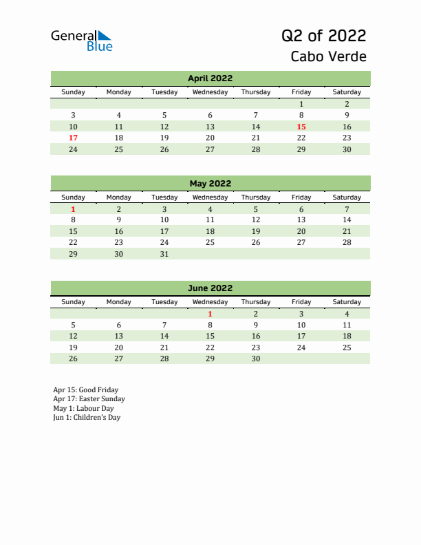 Quarterly Calendar 2022 with Cabo Verde Holidays