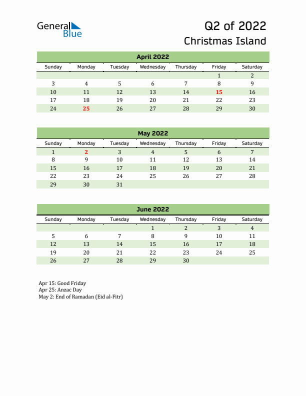 Quarterly Calendar 2022 with Christmas Island Holidays