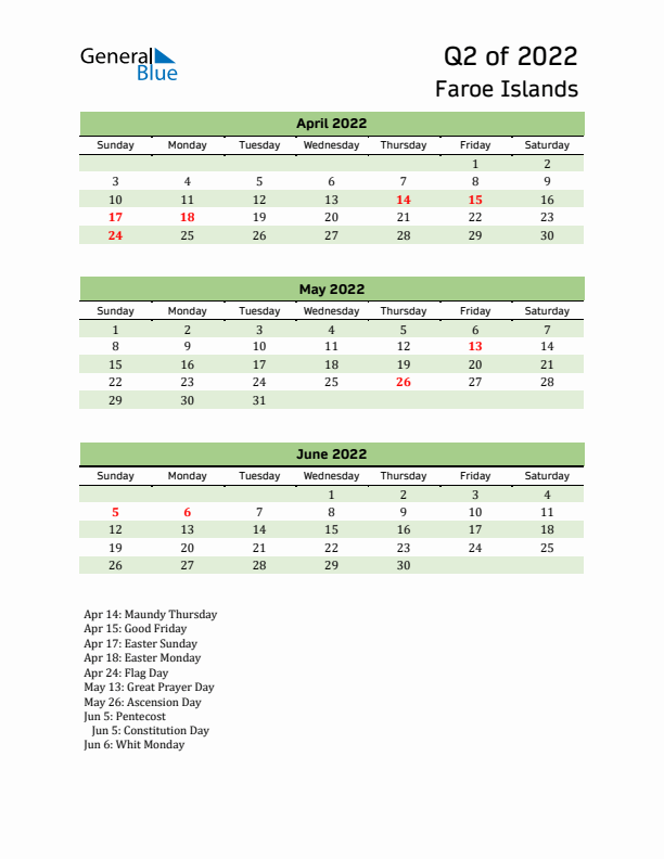 Quarterly Calendar 2022 with Faroe Islands Holidays