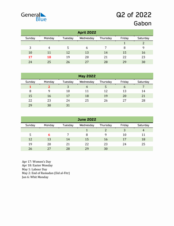 Quarterly Calendar 2022 with Gabon Holidays