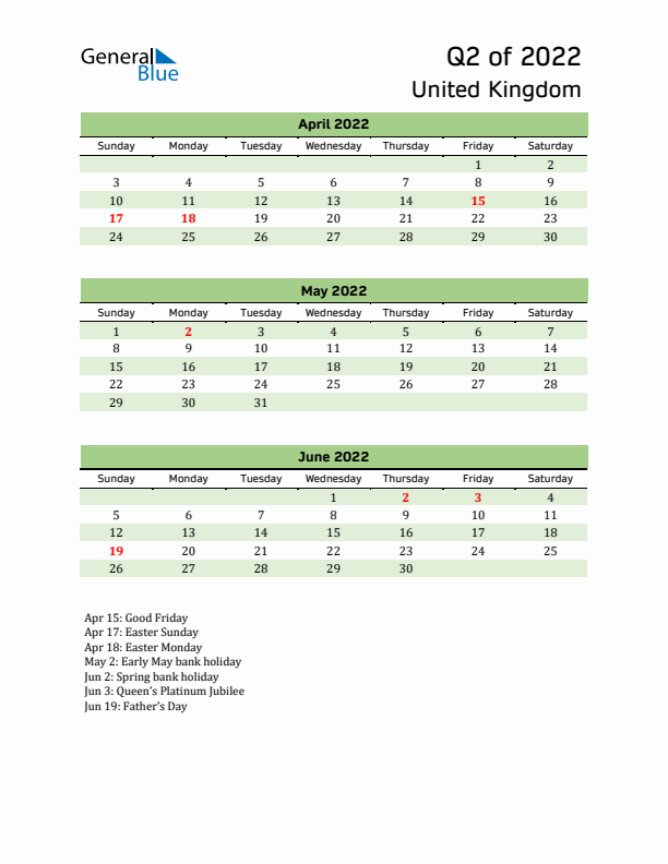 Quarterly Calendar 2022 with United Kingdom Holidays