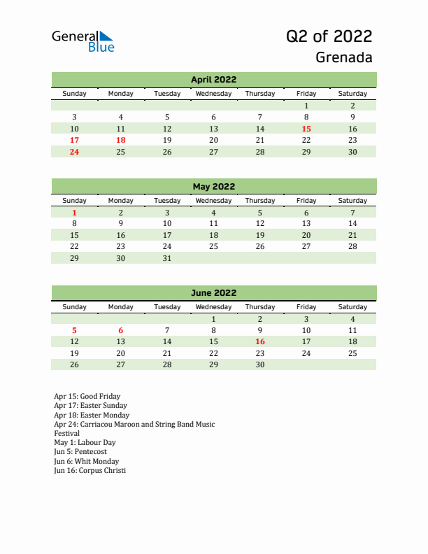 Quarterly Calendar 2022 with Grenada Holidays